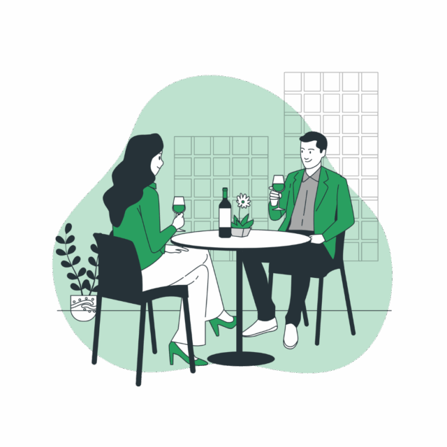 Twee mensen aan tafel met wijn – sfeerbeeld van de Opscheppert-box